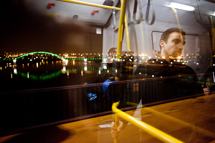 People on a public bus crossing the Sava River in Belgrade.