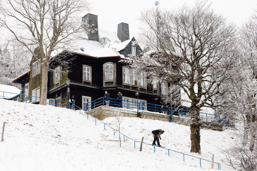 French skier Lucas Hogland do urban freestyle skiing at 