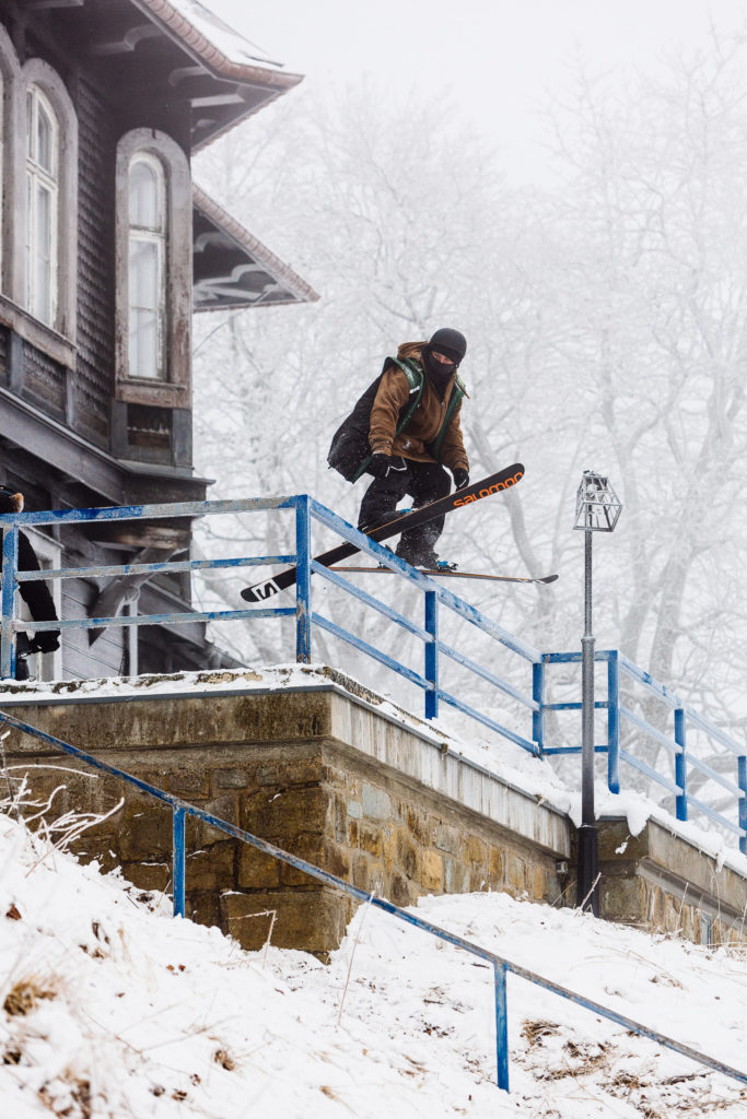French skier Lucas Hogland do urban freestyle skiing at 