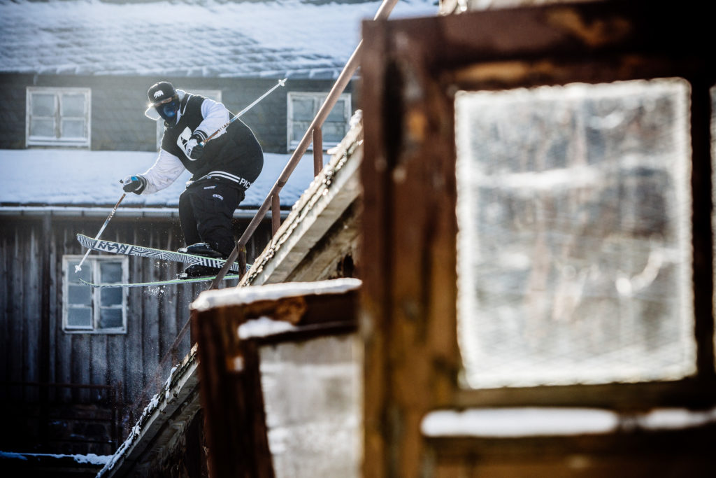 French skier Romain Jaillet do urban freestyle skiing at former Sanatorium Raupennest in Altenberg, Germany. The building was built in 1926, at first it was an Hotel, then during the WW2 it was used as an Hospistal. After the war, the use was a sanatorium of 150 beds. The place closed in 1997.