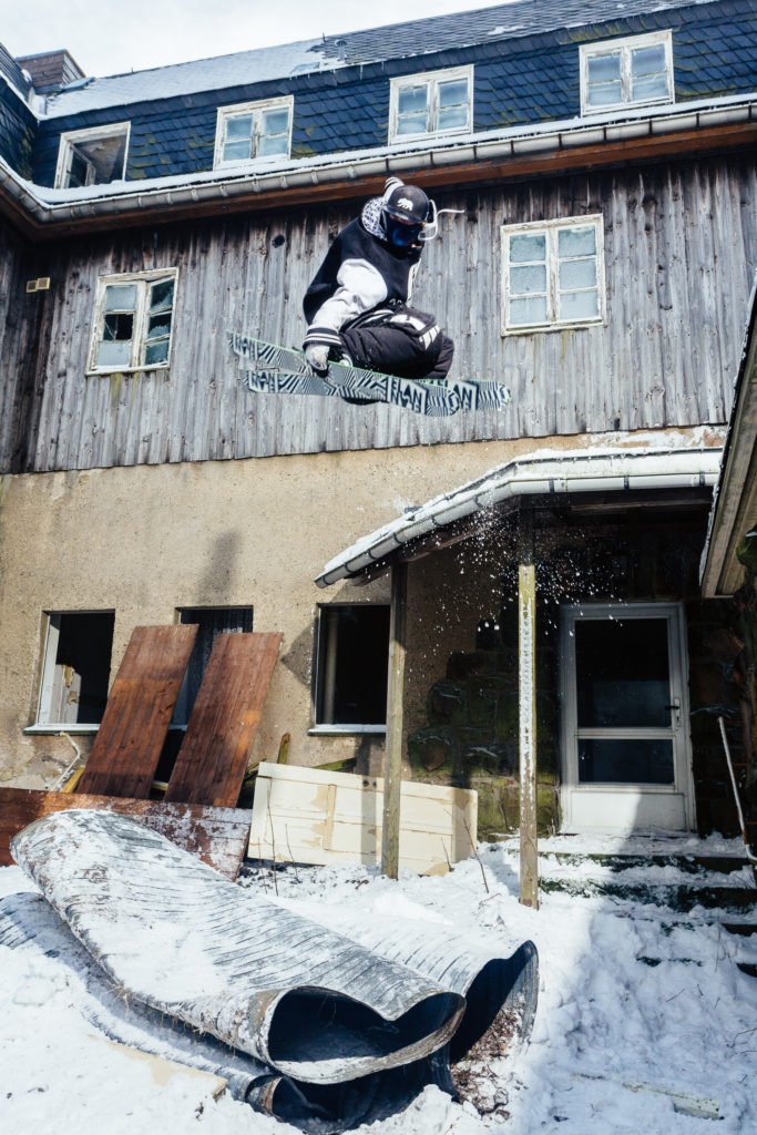 French skier Romain Jaillet do urban freestyle skiing at former Sanatorium Raupennest in Altenberg, Germany. The building was built in 1926, at first it was an Hotel, then during the WW2 it was used as an Hospistal. After the war, the use was a sanatorium of 150 beds. The place closed in 1997.